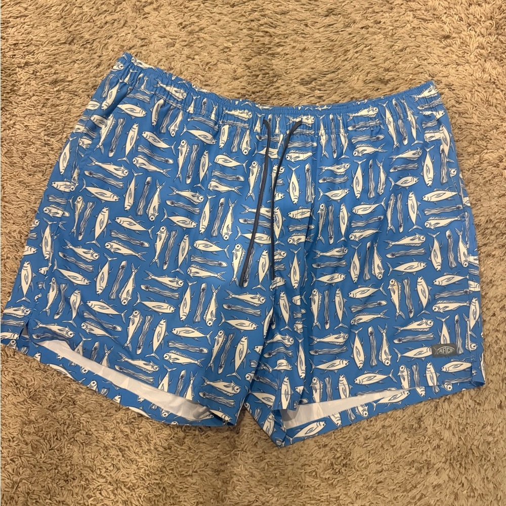 Men's Blue Aftco Fish-Print Swim Trunks